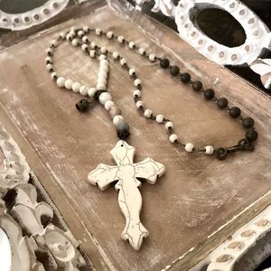 Cross Necklace Magnesite & Amazonite Beads on Rosery Chain Zodiac Aries
